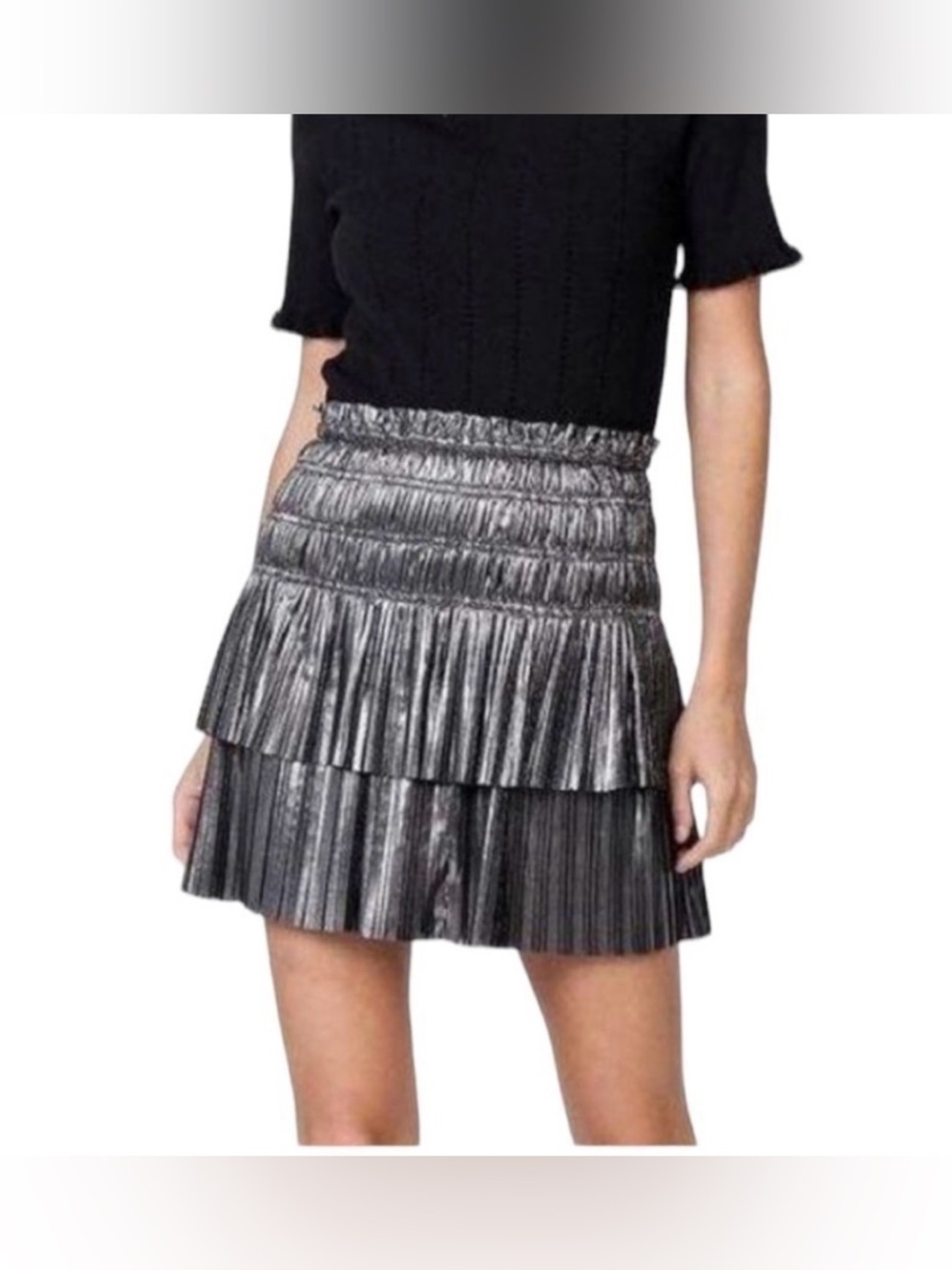 Metallic Silver/pewter Tiered Pleated Mini Skirt